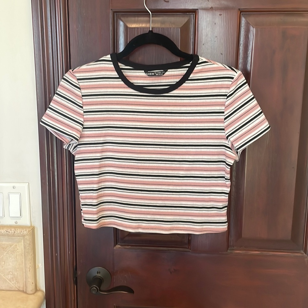 Black/white/pink stripes crop top